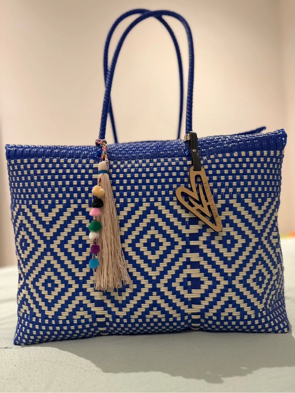 Maria Victoria Blue and Cream Woven Tote with Tassel Charm